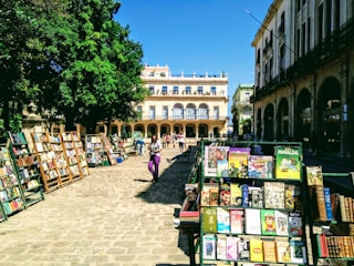 An outdoor book market set up in a sunlit plaza, with multiple stands displaying a variety of books. People are casually browsing the selections, enjoying the warm, inviting atmosphere. Surrounding the market are elegant, historical buildings featuring arched windows and balconies. A large tree provides shade on part of the cobblestone ground.