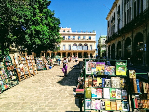 An outdoor book market set up in a sunlit plaza, with multiple stands displaying a variety of books. People are casually browsing the selections, enjoying the warm, inviting atmosphere. Surrounding the market are elegant, historical buildings featuring arched windows and balconies. A large tree provides shade on part of the cobblestone ground.