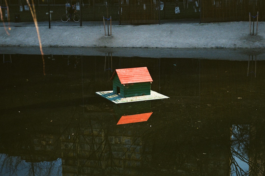 red and white wooden house on water