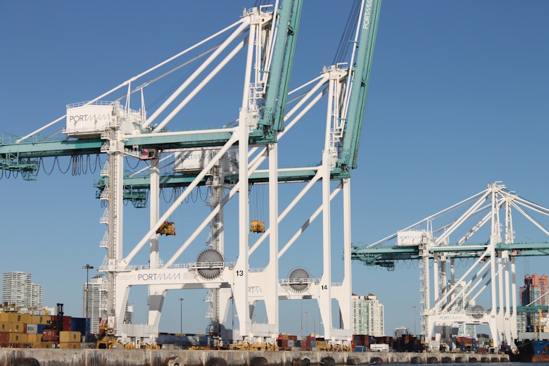 white and blue crane under blue sky during daytime