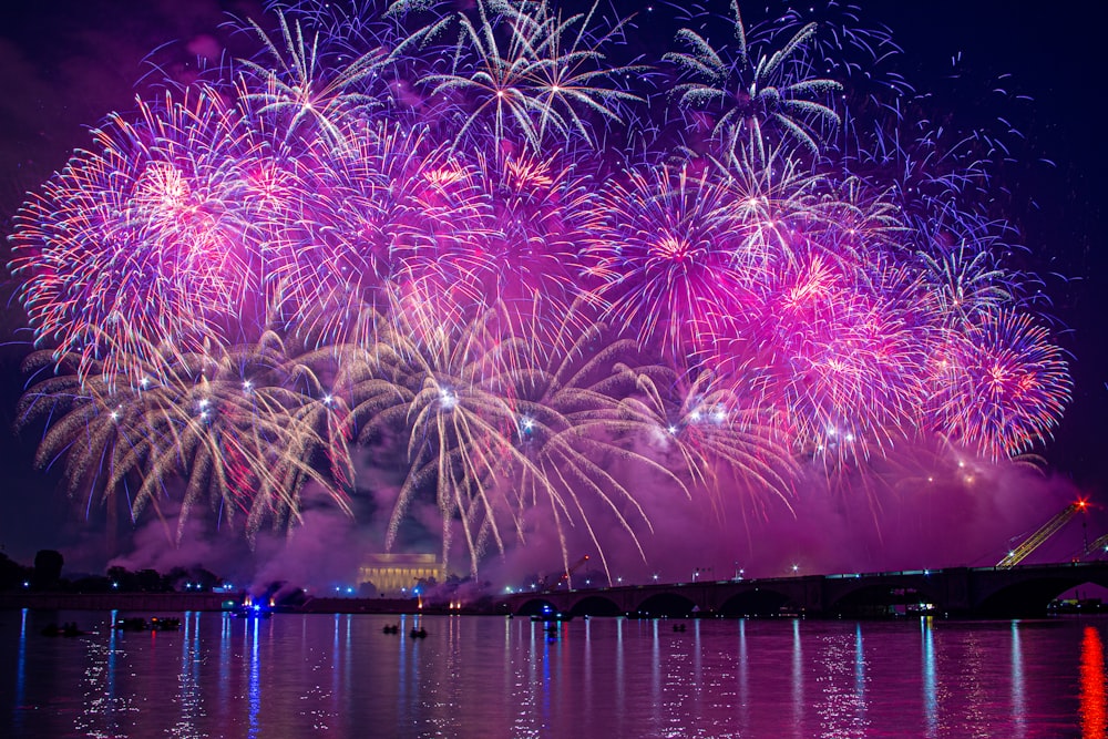 fireworks display over body of water during night time