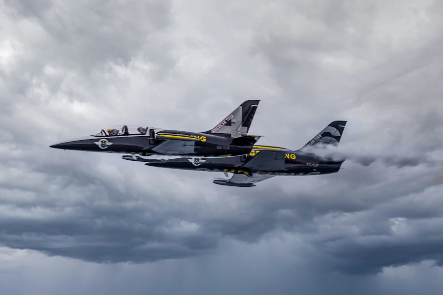Fighter aircraft in flight