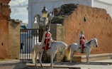 Two mounted guards dressed in red uniforms and white capes are sitting on white horses. They hold long spears and stand next to an ancient stone wall and gate. The environment includes elements of traditional and historical architecture, such as an ornate lamp and patterned white building.