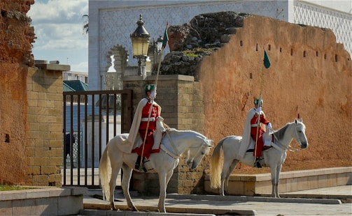 Two mounted guards dressed in red uniforms and white capes are sitting on white horses. They hold long spears and stand next to an ancient stone wall and gate. The environment includes elements of traditional and historical architecture, such as an ornate lamp and patterned white building.