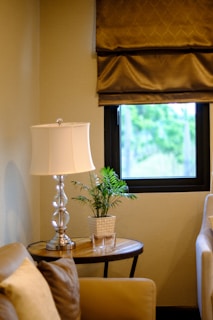 A cozy home decor setup featuring cushions, a lamp, and a small plant on a wooden table.