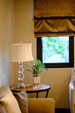 A cozy living room corner featuring a stylish lamp and elegant side table from debonair furnishings.