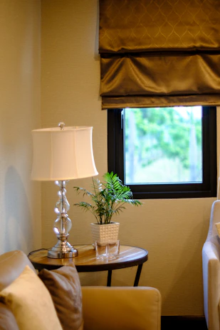 A bright, inviting corner of a home featuring a stylish lamp and a small potted plant on a wooden side table.