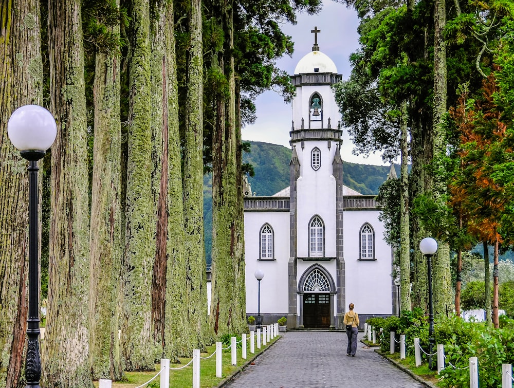 igreja branca e azul perto de árvores durante o dia