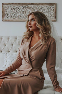 woman in brown long sleeve dress sitting on white couch