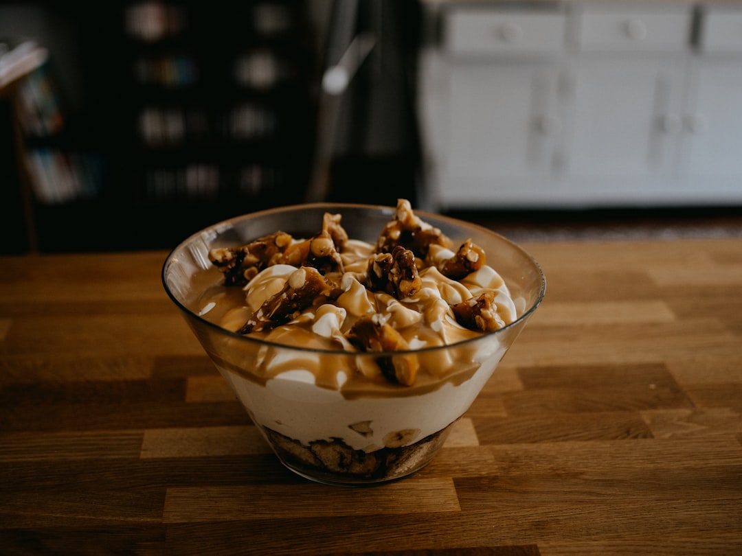 ice cream in clear glass cup, My birthday banoffee trifle with homemade peanut brittle - YU!