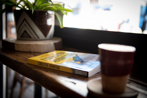 On a wooden table sits a yellow book titled 'Cumulative Advantage' alongside a ceramic mug on a coaster. A plant in a decorative pot is placed nearby, contributing to a cozy atmosphere.