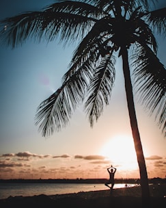 A serene landscape with a woman practicing yoga at sunrise, symbolizing peace and renewal.