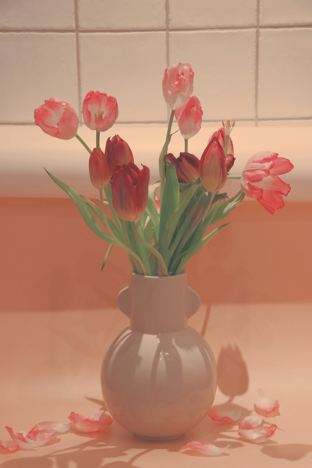 pink tulips in clear glass vase