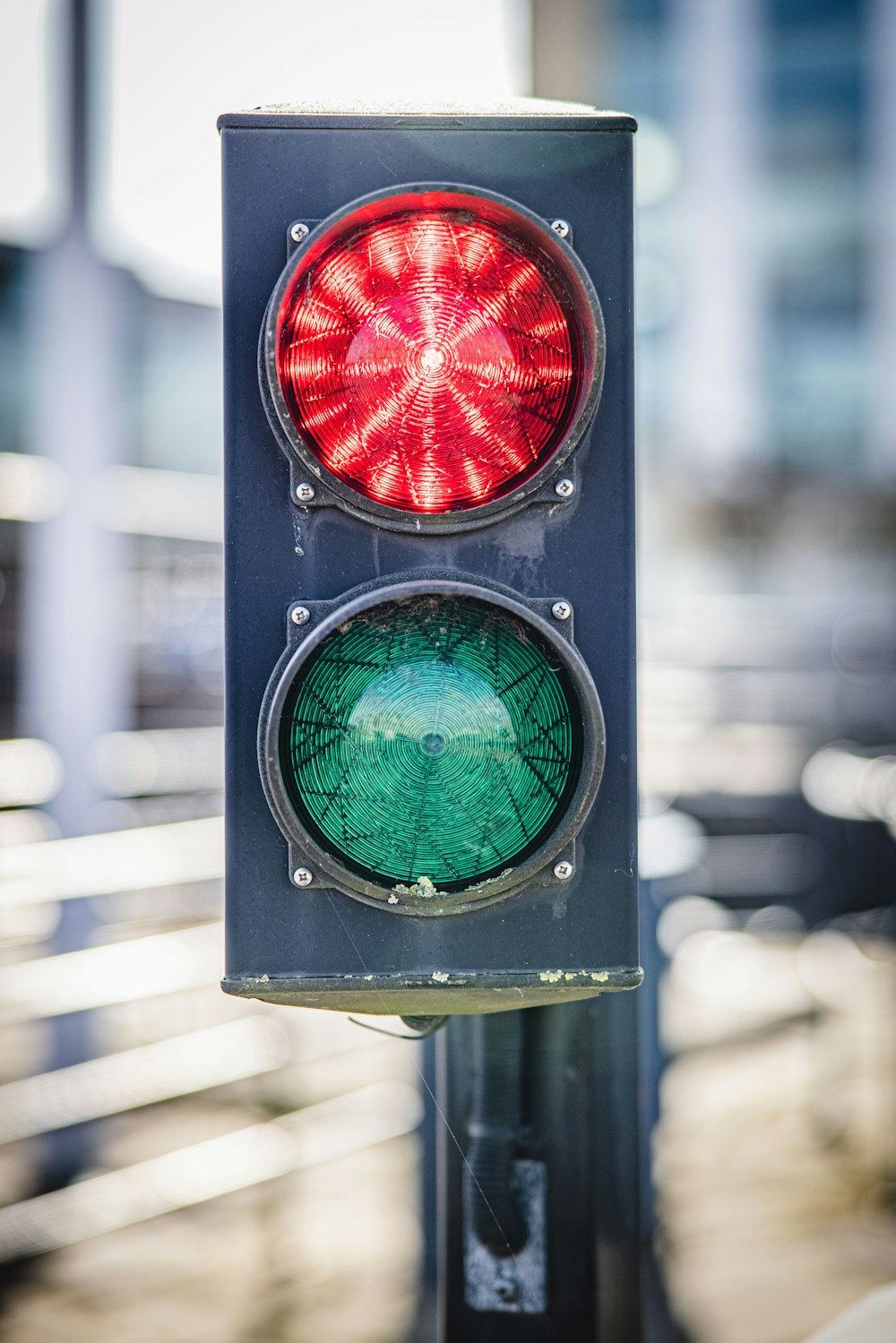 black traffic light with red light