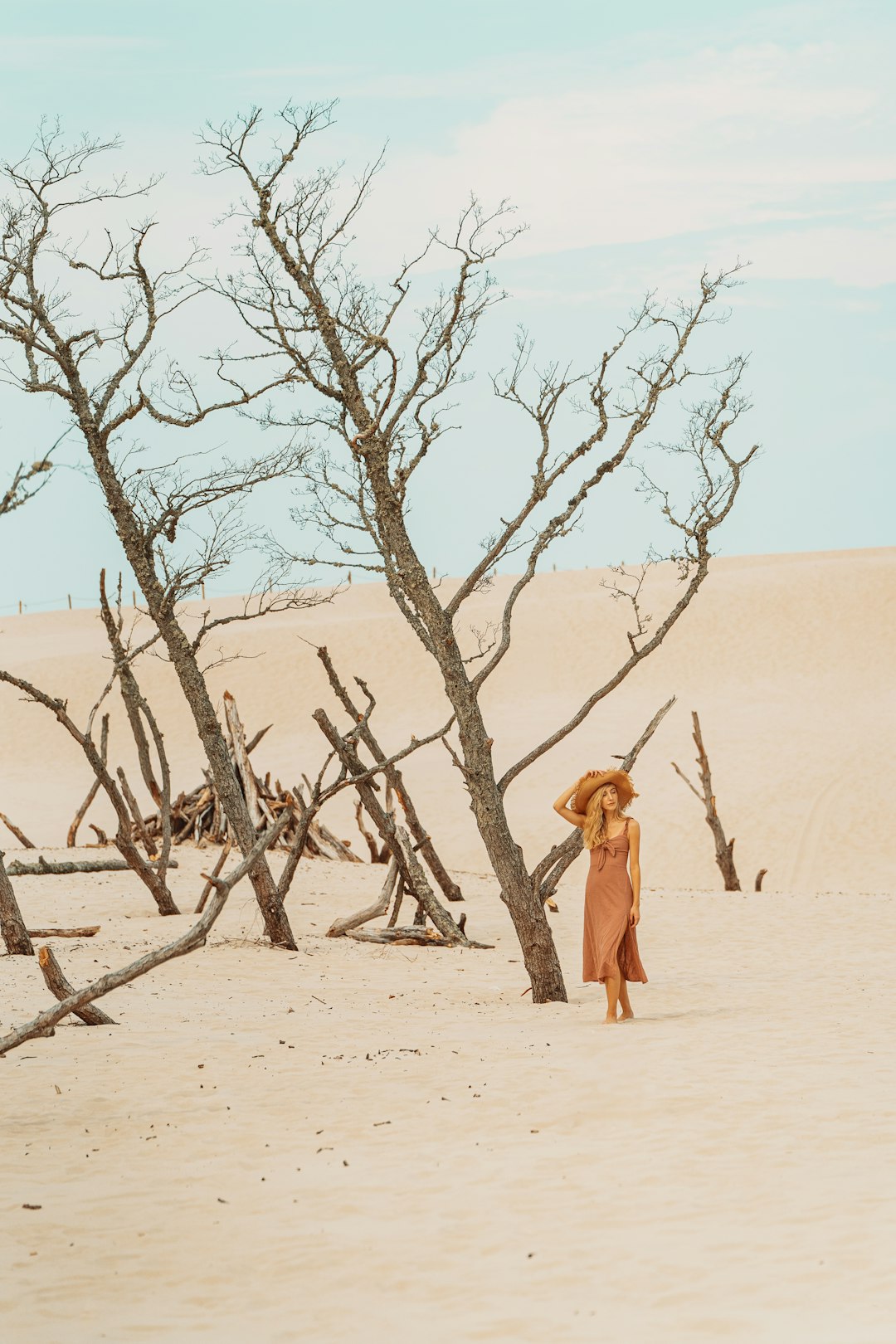 woman in brown dress standing beside bare tree during daytime