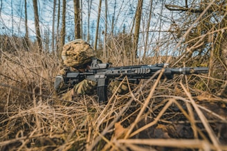 black and brown assault rifle on brown dried leaves