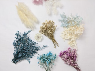 An artistic flat lay of various flower types and colors.