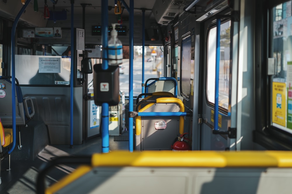 blue and yellow bus seats