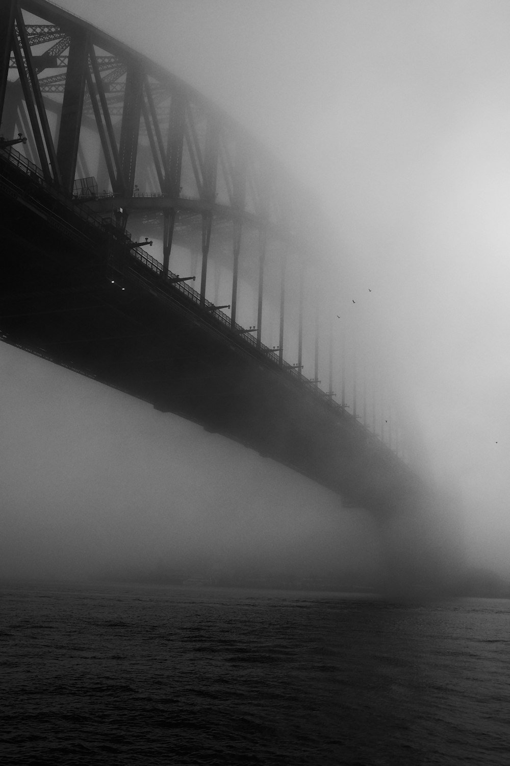 grayscale photo of bridge over sea