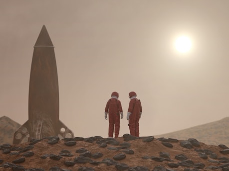 astronauts standing on rocky surface of mars or moon preparing to build a settlement
