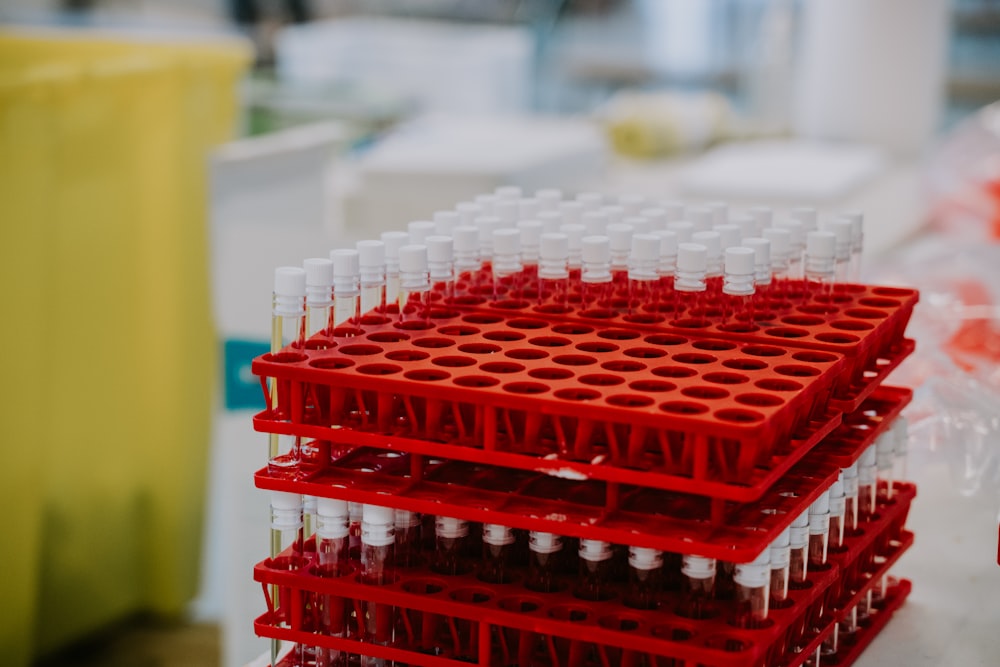 récipient en plastique rouge avec de la poudre blanche