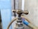 A close-up of a brass outdoor faucet with a patina, featuring a rounded handle and a background of a light blue wall and blurred hose.