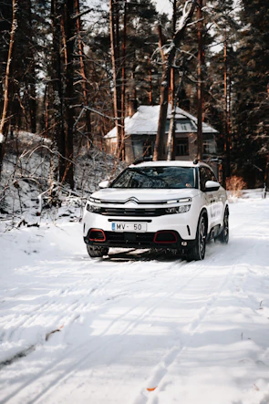 A spacious white SUV driving through a forest trail.