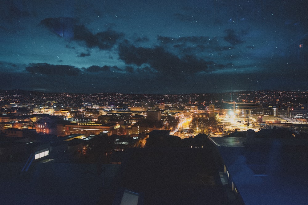 city skyline during night time