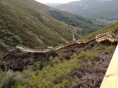 Wooden boardwalk winding through a lush, green valley, surrounded by dense vegetation and rugged hills. The path offers an elevated view of the natural landscape, providing a scenic route for walking.