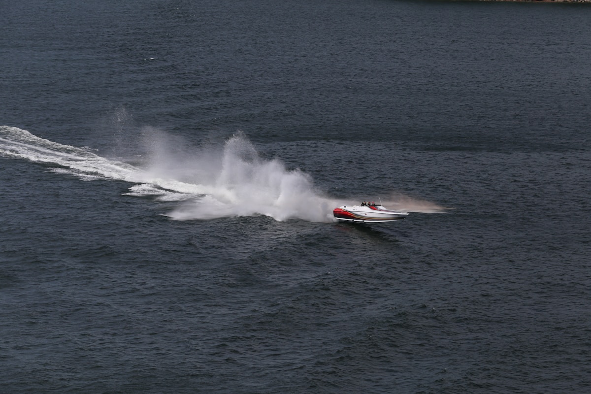 speedboat on a lake in Alberta