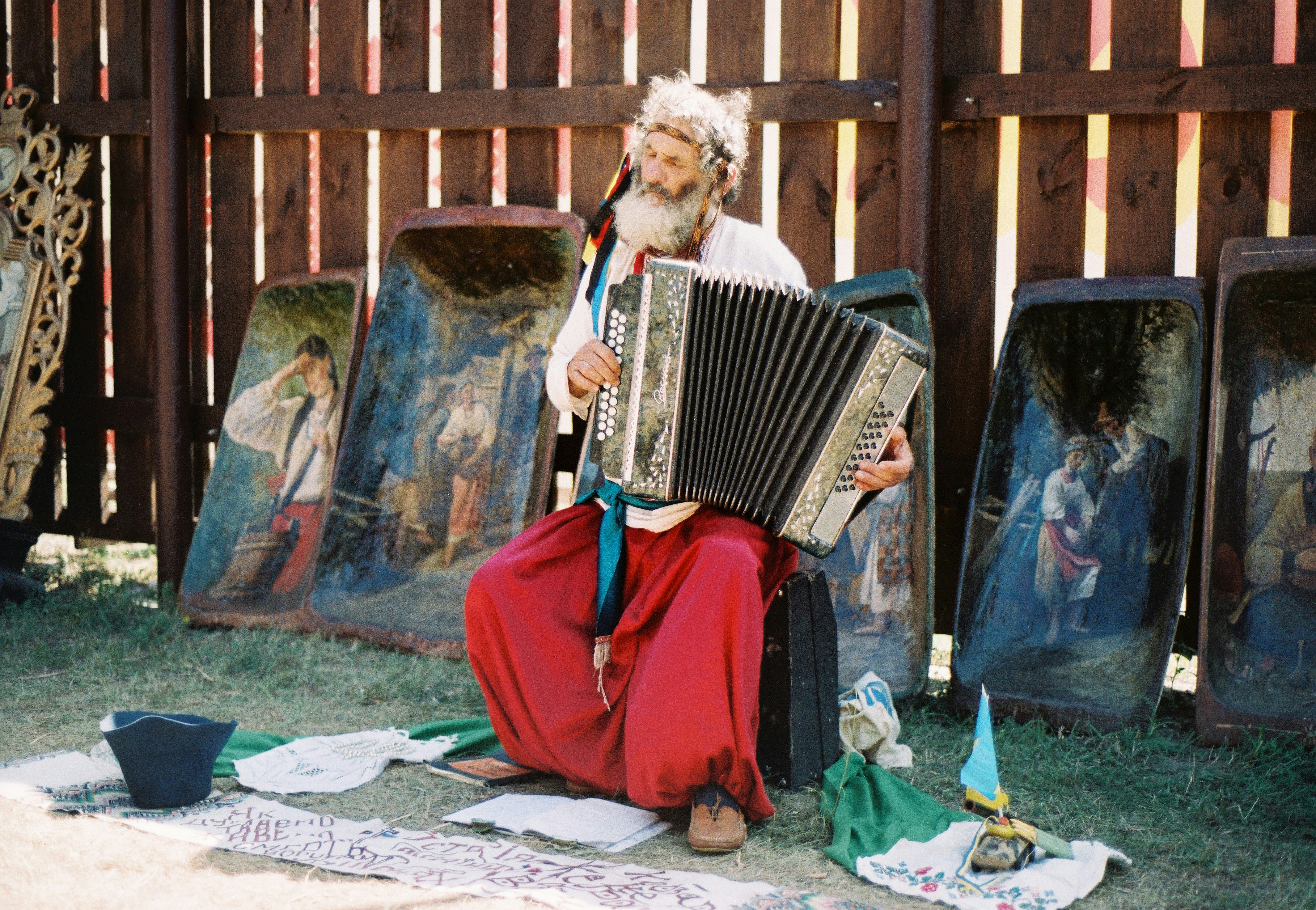 woman in red dress playing white and black accordion