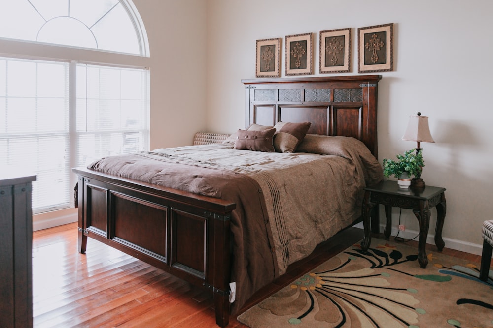 brown and white bed linen