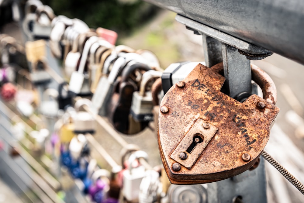 cadenas marron sur clôture en métal noir pendant la journée