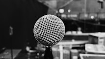 A close-up of a microphone with a metal mesh grille appears prominently in the foreground, with a blurred background depicting what seems to be a stage or backstage area. The image is in black and white, emphasizing the texture of the microphone and creating a moody atmosphere.