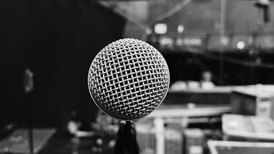 A close-up of a microphone with a metal mesh grille appears prominently in the foreground, with a blurred background depicting what seems to be a stage or backstage area. The image is in black and white, emphasizing the texture of the microphone and creating a moody atmosphere.