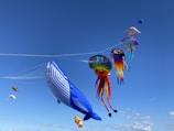 A collection of colorful kites, including a large blue whale, a rainbow-colored jellyfish, and a variety of other vibrant and uniquely shaped kites, soar against a clear blue sky.