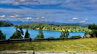 A scenic view of a lake surrounded by lush green forests and distant mountain ranges under a partly cloudy blue sky. There is a grassy foreground with a wooden fence and a sign that reads 'Patagonia' on the right side.