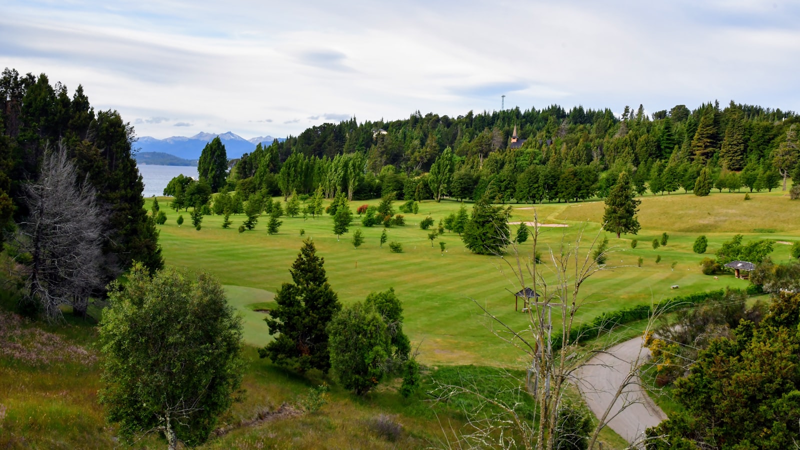 Green rolling hills with Nahuel Huapi lake and snow-capped Andes beyond — the landscape the refugio system serves