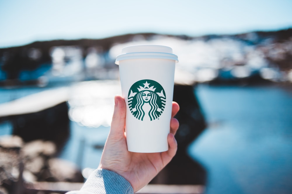 person holding white and green starbucks cup
