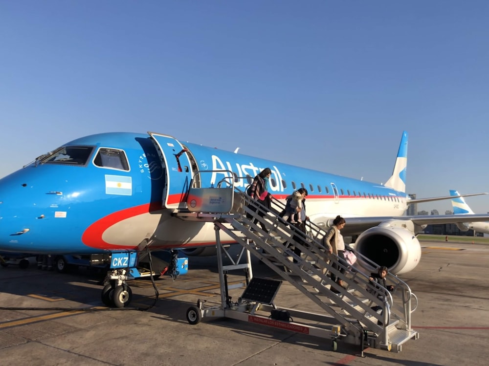 昼間の青空の下で青と白の飛行機