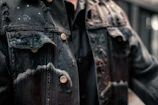Close-up of a heavy-duty jacket with reinforced stitching and weathered metal hardware.