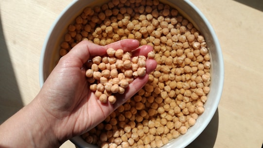 Hands carefully holding a mix of chickpeas, peanuts, and rice grains against a rustic wooden background.