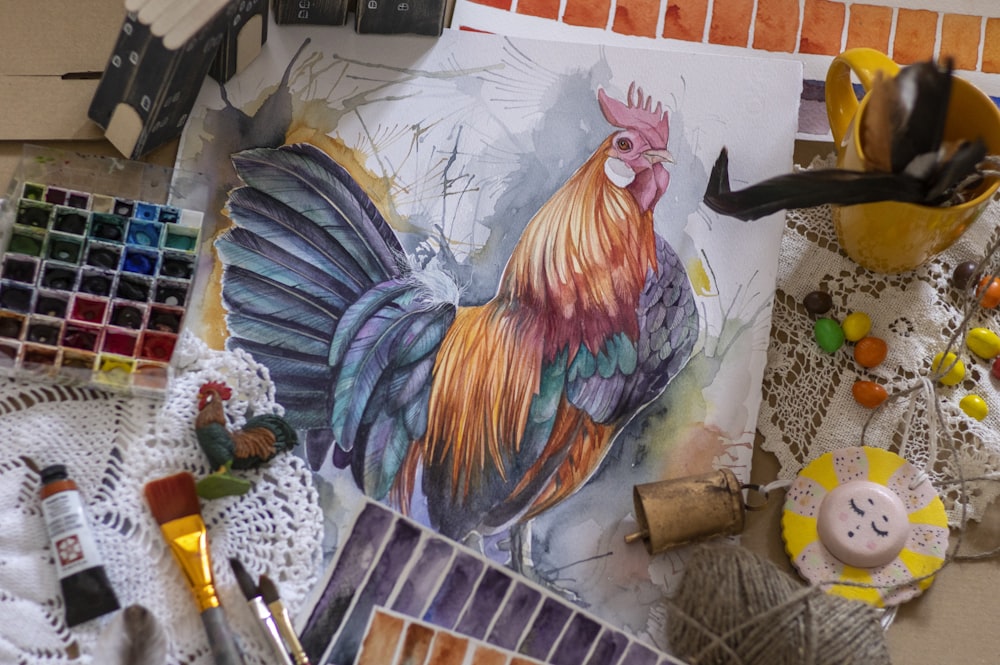 red yellow and blue rooster painting