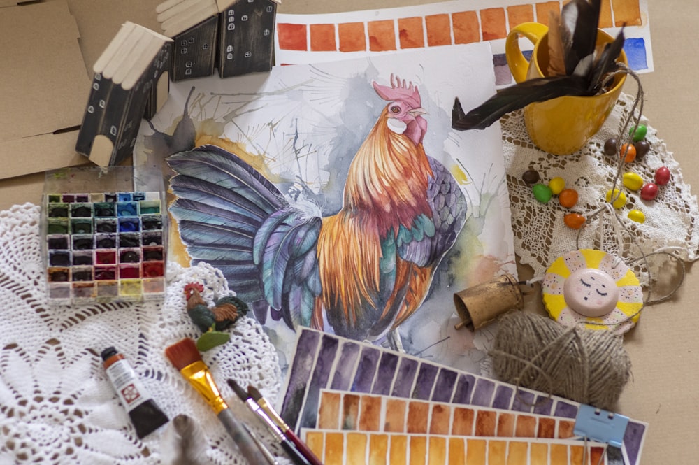 Peinture de coq et de poulet sur mur blanc