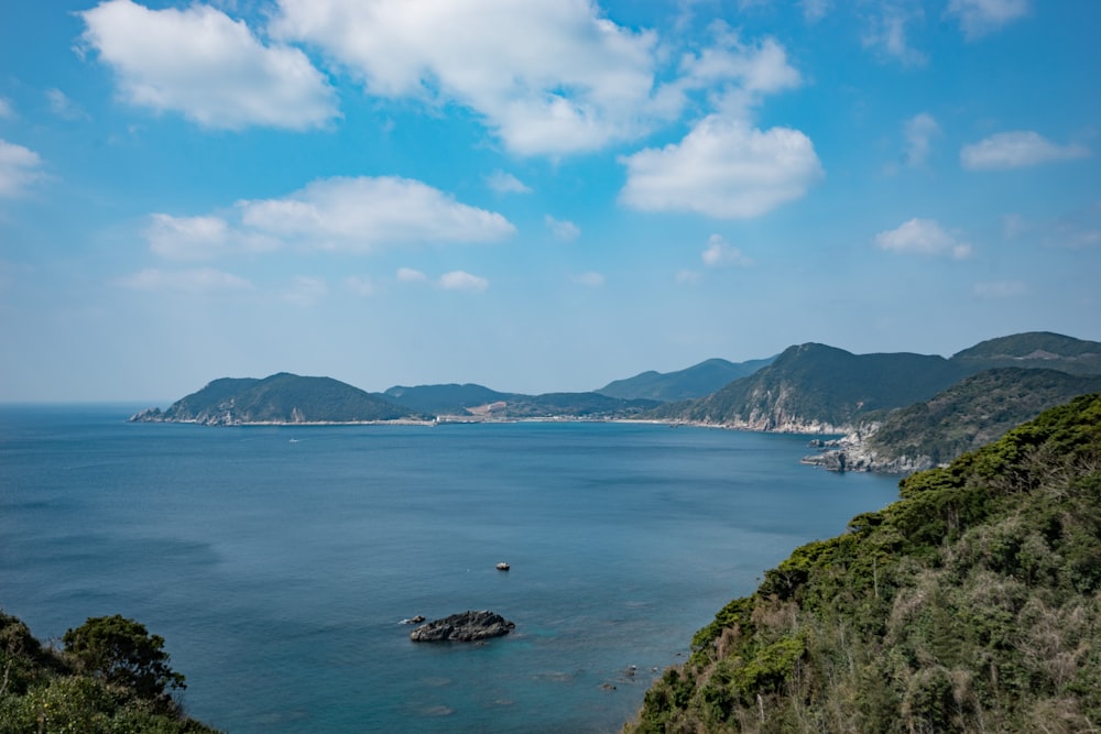 昼間の青空の下、水辺の緑の山