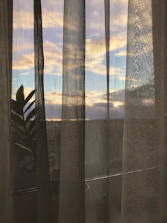 Bright, colorful sheer curtains fluttering in a sunlit window