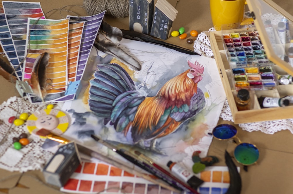 Pintura de pájaros azules y amarillos