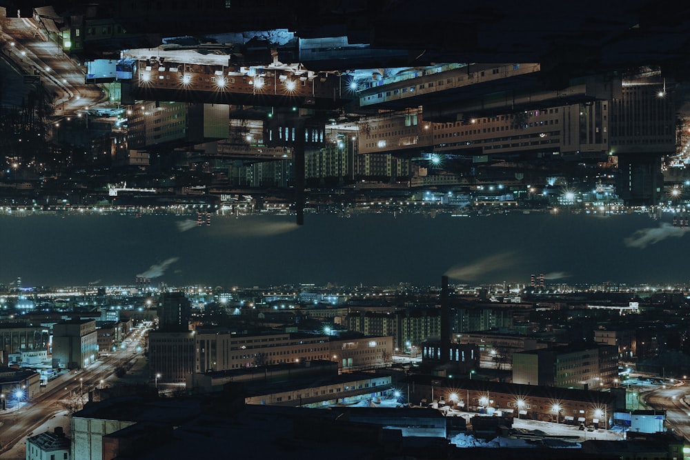 aerial view of city buildings during night time