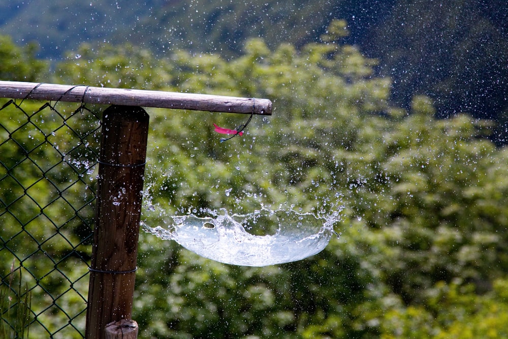 water splash on brown wooden post during daytime