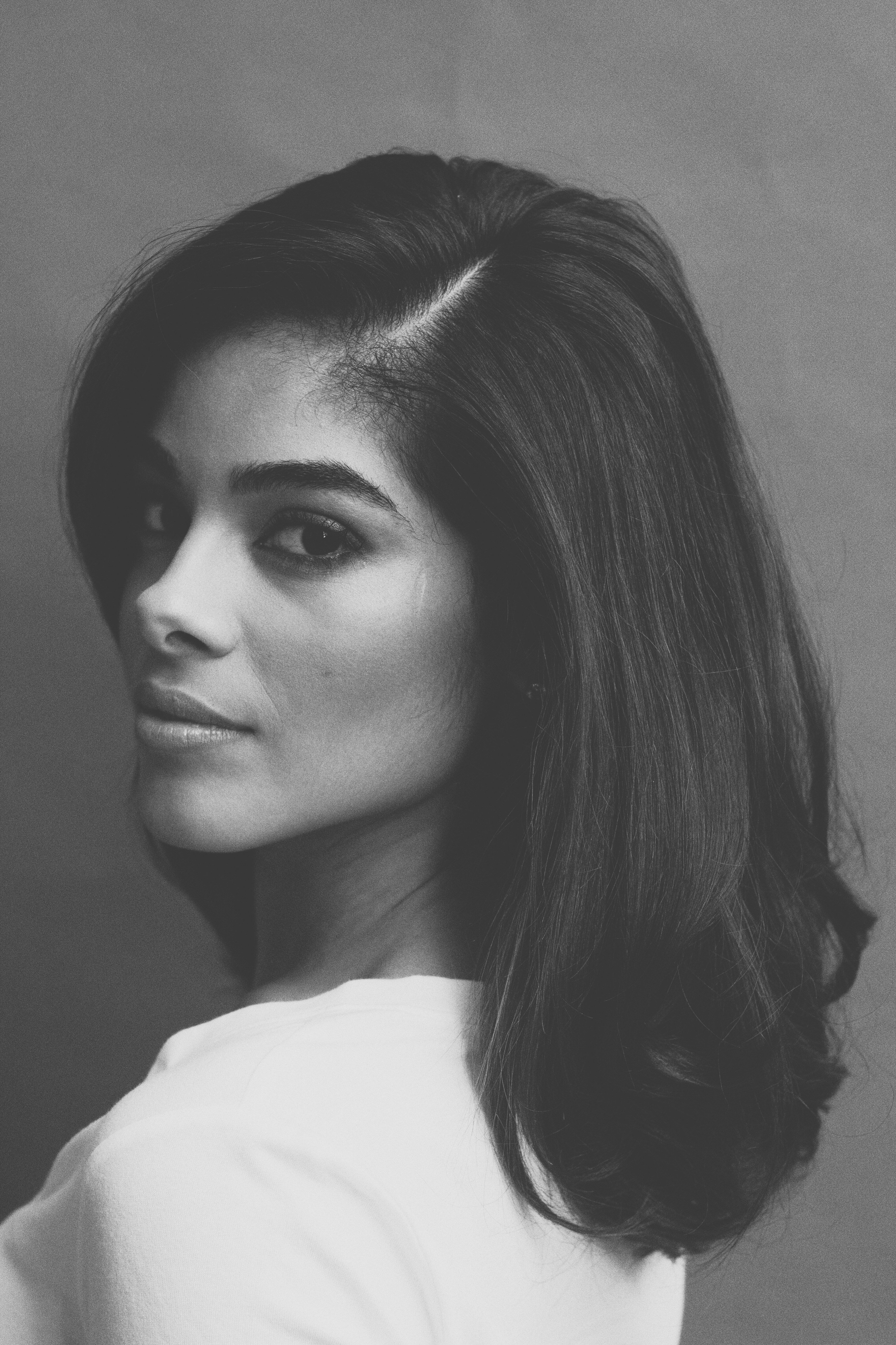 woman in white crew neck shirt